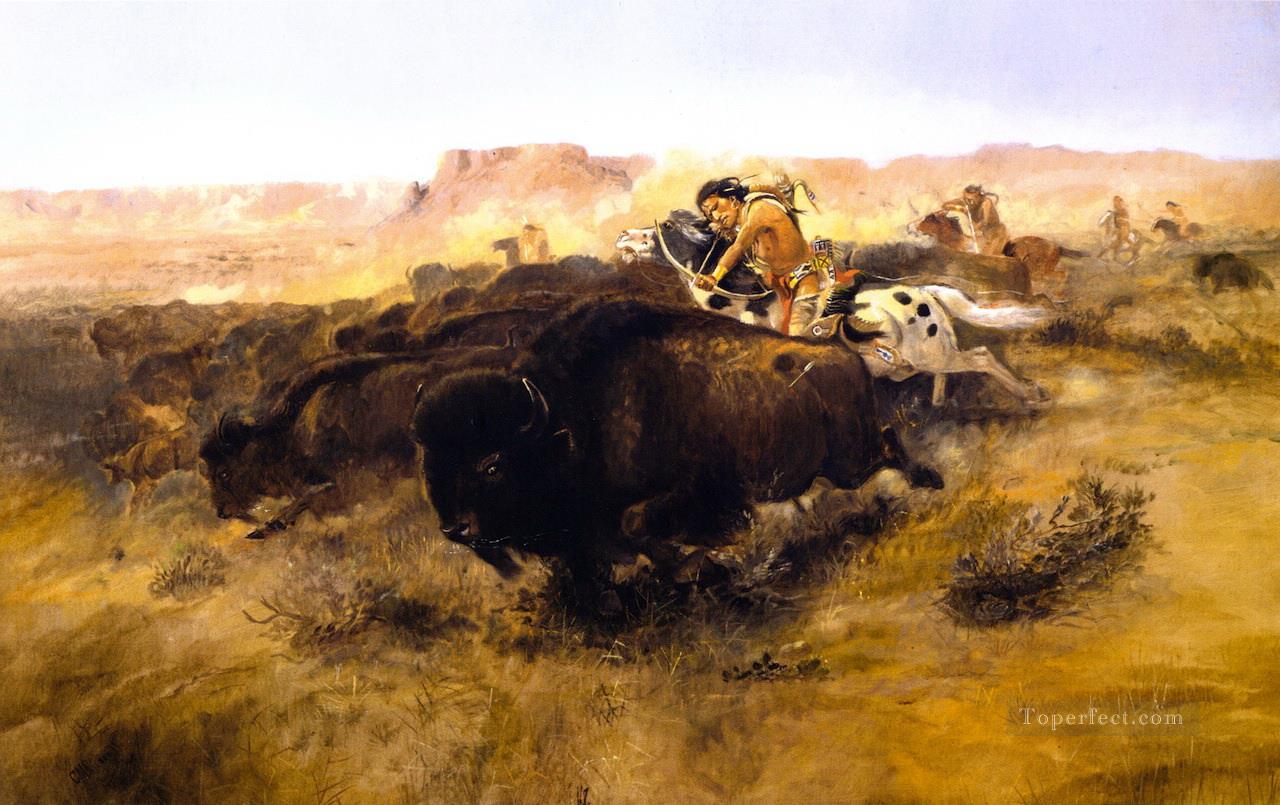 バッファロー狩り 1895年 チャールズ・マリオン・ラッセル アメリカ・インディアン油絵